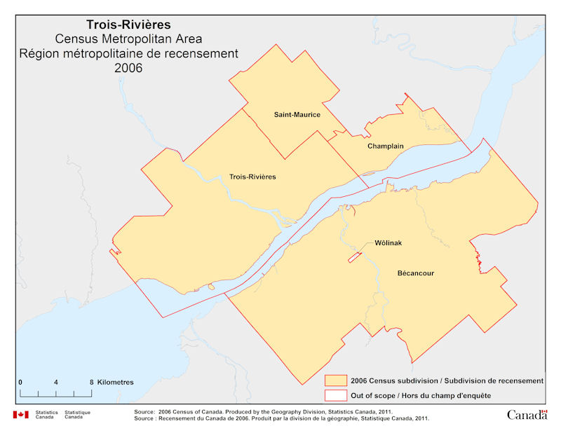 Carte géographique de la région métropolitaine de recensement de TroisRivières, Québec