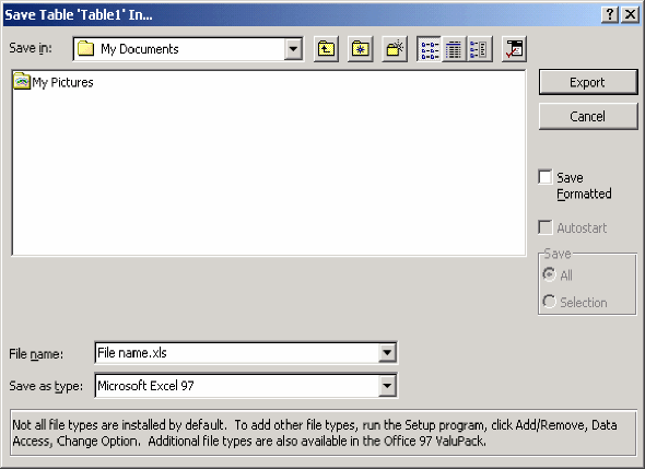 Figure 9c is an image of a screen that allows you to save your data in Excel format.  At the bottom of the screen, select “Microsoft Excel 97”.
